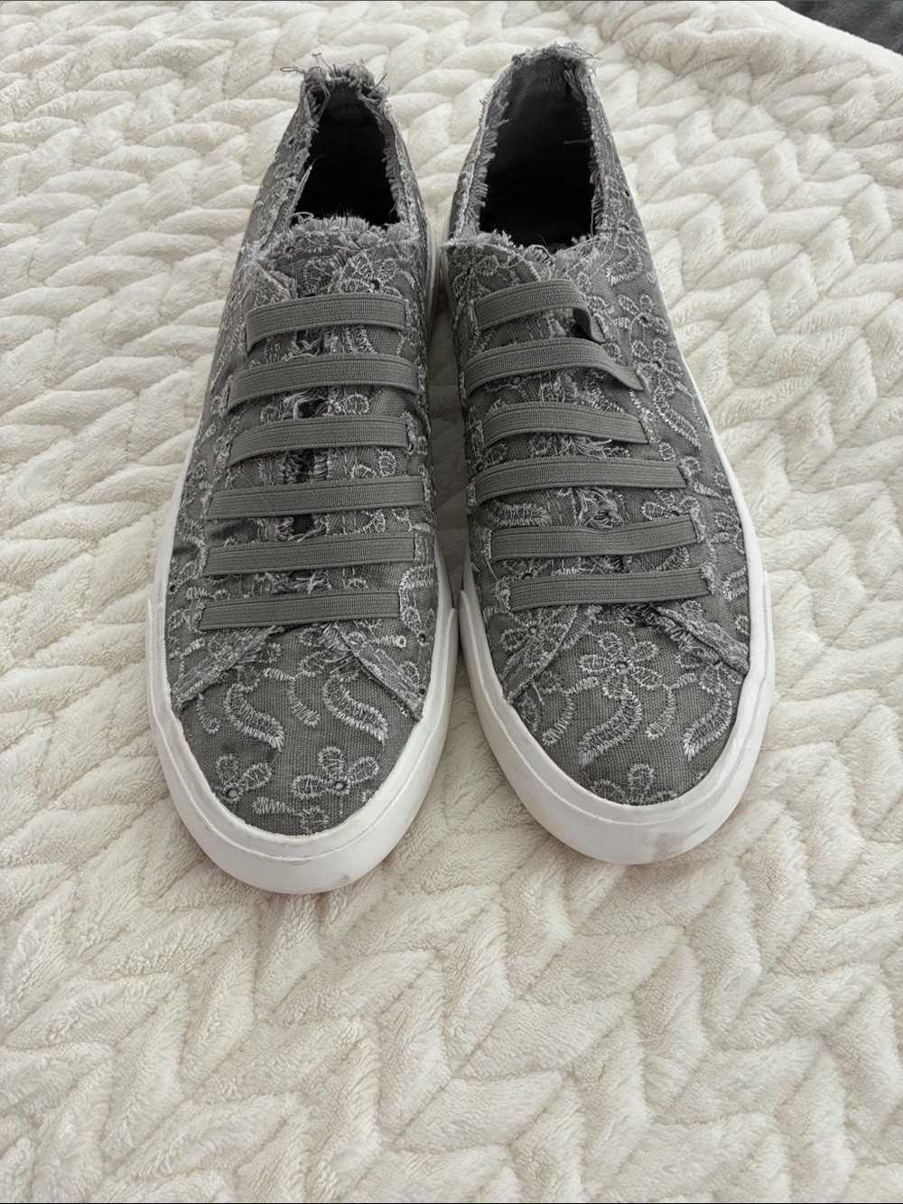 Lush Gray Frayed Slip-On Sneakers with Elastic Straps